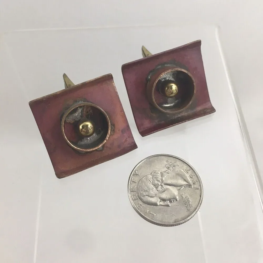 Copper Target Ball Abstract Cufflinks Square Modernist Sculpture Brutalist H1